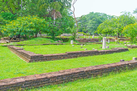 The brick foundation and ruins of stone pillars of the ancient buildings in Jetavana Vihara complex, Anuradhapura, Sri Lanka.のeditorial素材