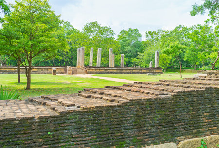 The ruins of Mahasena Palace behind the old brick wall, Anuradhapura, Sri Lanka.のeditorial素材