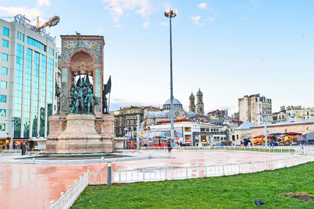 ISTANBUL, TURKEY - JANUARY 13, 2015:The Republic Monument is a notable landmark, located at Taksim Square, to commemorate the formation of the Turkish Republic, on January 13 in Istanbul.のeditorial素材