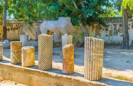 The antuque columns of different stone and shape in archaeological site of Carthage, Tunisia.