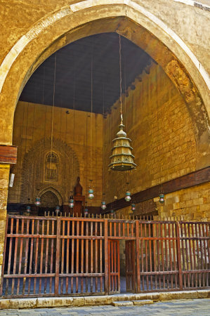 CAIRO, EGYPT - OCTOBER 10, 2014: The huge arch connects the courtyard of Al-Nasir Muhammad funerary complex with the prayer hall of the mosque, on October 10 in Cairo.のeditorial素材