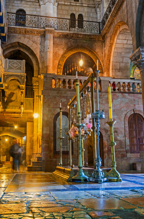 JERUSALEM, ISRAEL - FEBRUARY 16, 2016: The side view on the Stone of Anointing  and the way to Rotunda in the Church of the Holy Sepulchre, on February 16 in Jerusalem.のeditorial素材
