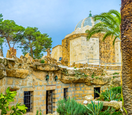 The view on the the Natural Cave Church and the Shepherds Field Chapel, the holiest places of the Shepherd's Field, Bethlehem, Palestine, Israel.の写真素材