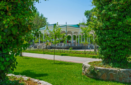 The cozy summer house in city garden is the best place to relax and drink a cup of local tea or coffee, Tashkent, Uzbekistan.のeditorial素材