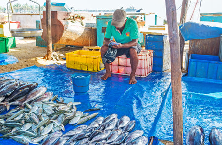 GALLE, SRI LANKA - DECEMBER 3, 2016: The fish dealer weits the clients with wide range of fresh fish, on December 3 in Galle.のeditorial素材