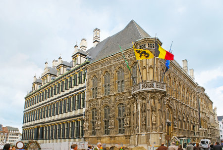 GHENT, BELGIUM - MAY 26, 2011: The Town Hall (Stadhuis) boasts many facades from different sides - the Gothic style facade faces the Hoogpoort and the Renaissance style - the Botermarkt, on May 26 in Ghent.のeditorial素材
