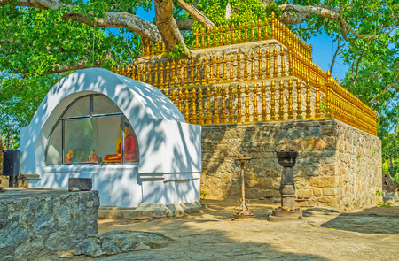 The lush Bodhi Tree (sacred fig) in Padeniya Temple surrounded by the stone wall and golden fence, the altar with Buddha statue located in front of the Tree, Padeniya, Sri Lanka.の写真素材