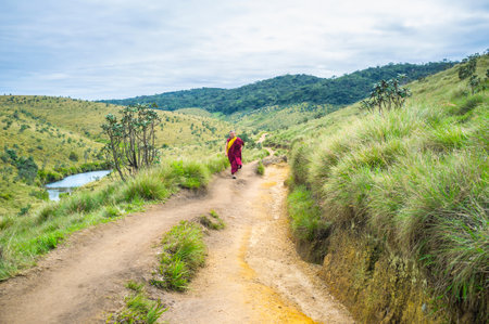 HORTON PLAINS PARK, SRI LANKA - NOVEMBER 30, 2016: The buddhist monk walks in the park, on November 30 in Horton Plains Parkのeditorial素材