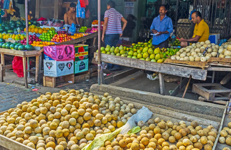 COLOMBO, SRI LANKA - DECEMBER 6, 2016: The exotic Sri Lankan wooden apple fruits in a large box in front of the fruit stall of Manning Market, on December 6 in Colombo.のeditorial素材