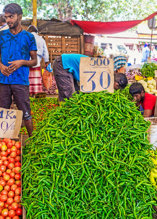 COLOMBO, SRI LANKA - DECEMBER 6, 2016: The large heap of green pepper at the vegetable stall of Fose Market in Pettah, on December 6 in Colombo.のeditorial素材