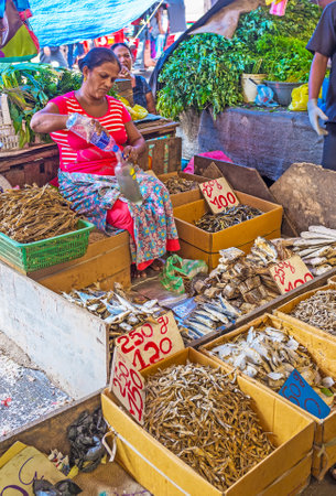 COLOMBO, SRI LANKA - DECEMBER 6, 2016: The seller at Fose Market in Pettah sits among the boxes with different species of dried fish, on December 6 in Colombo.のeditorial素材