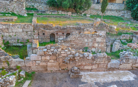 The foundations of buildings in archaeological site of Ancient Agora in Athens, Greece.のeditorial素材