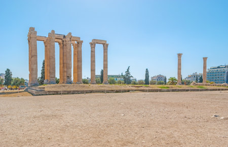The archeological site of the Temple of Olympian Zeus with preserved colonnades, Athens, Greeceのeditorial素材