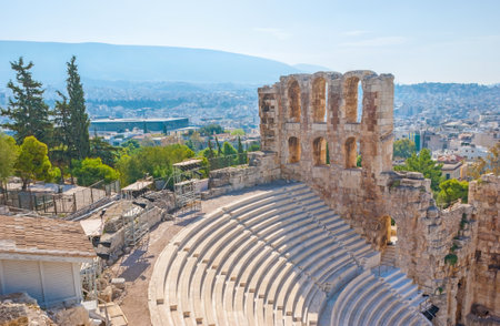 The view on ancient concert hall named Odeon Herodes Atticus in Athens, Greeceのeditorial素材