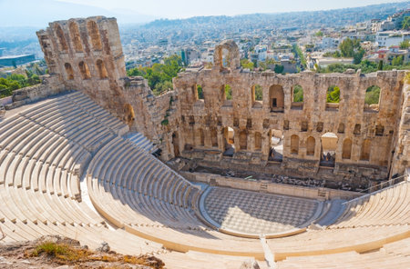 The view on the scene of Odeon Herodes Atticus Theater from the slope of Acropolic hill, Athens, Greeceのeditorial素材