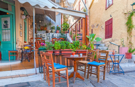 ATHENS, GREECE - OCTOBER 12, 2013: Popular cafe Klepsidras boasts tasty greek coffe, crispy buns and great view from the hill of Plaka, on October 12 in Athensのeditorial素材