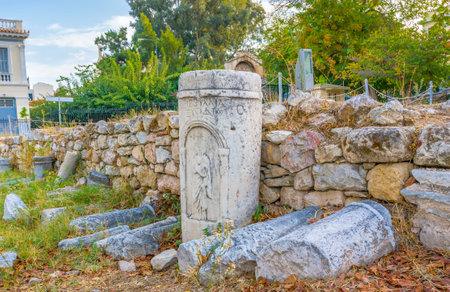 Beautiful bas-relief on the ancient ruins in Roman Agora in Athens, Greeceのeditorial素材