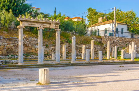 The present day cultural layer behind the ruins of Roman Agora in Athens, Greeceのeditorial素材