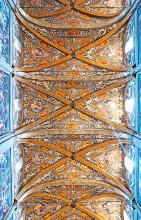 PARMA, ITALY - APRIL 24, 2012: Panorama of the frescoe with fine patterns on the ceiling in Duomo (Cathedral), on April 24 in Parma.のeditorial素材
