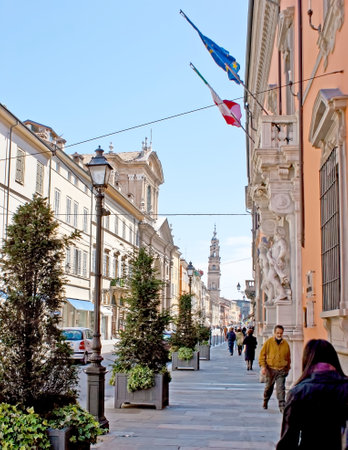 PARMA, ITALY - APRIL 24, 2012: The walk along the Palace of Rangoni Farnese in Republica street, one...