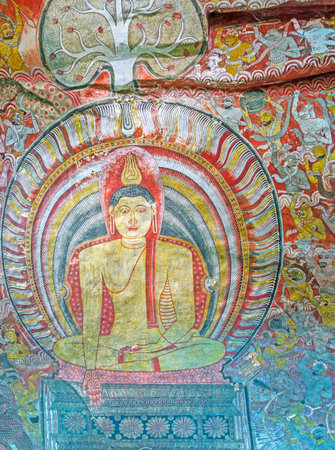 DAMBULLA, SRI LANKA - NOVEMBER 27, 2016: The ancient fresco in Maharaja Lena Cave (Great Kings) of Dambulla Viharaya depicts the Touching Earth Lord Buddha, surrounded by the scenes of historic events, on November 27 in Dambulla.のeditorial素材