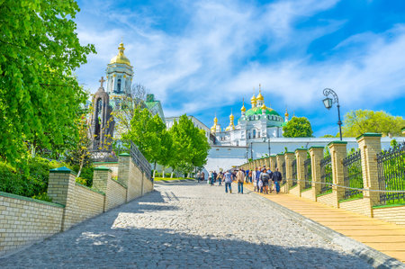 KIEV, UKRAINE - MAY 01, 2016: Kiev Pechersk Lavra complex located on the hills with steep roads between edifices, on May 1, in Kiev.のeditorial素材