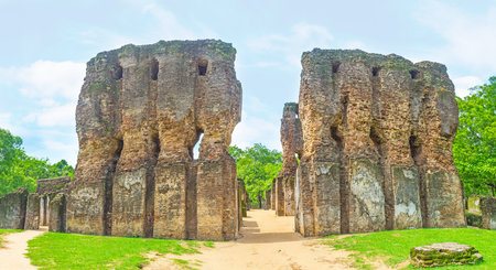 Panorama of the ruined Royal Palace of King Parakramabahu, surrounded by greenery, Polonnaruwa, Sri Lanka.のeditorial素材