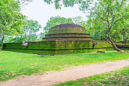 The brick stupa in Alahana Pirivena Complex covered with moss and surrounded by green trees, Polonnaruwa, Sri Lanka.の写真素材