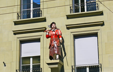 The frontage of the guild house in the Kramgasse is decorated with the Butcher's statue, Berne, Switzerland.のeditorial素材