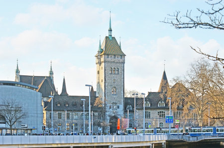 ZURICH, SWITZERLAND - MARCH 20, 2011: The building of Swiss National Museum, located next to the Huptbahnhof (Central Railway Station) on peninsula between two rivers, on March 20 in Zurich.のeditorial素材