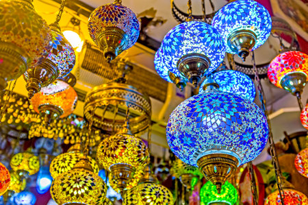 KEMER, TURKEY - MAY 5, 2017: The lighting stores of traditional arabian lights offer lamps and chandeliers for each taste and price, on May 5 in Kemer.のeditorial素材