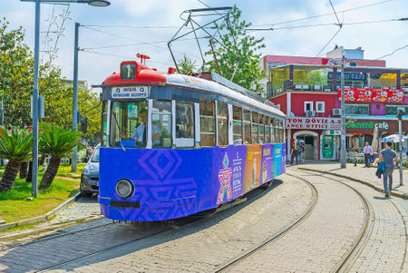 ANTALYA, TURKEY - MAY 6, 2017: The old tramline in the tourist neighborhood is the popular attraction of resort, on May 6 in Antalya.のeditorial素材