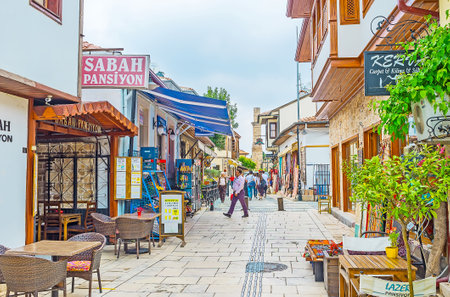 ANTALYA, TURKEY - MAY 6, 2017: The Kaleici district is the old town with preserved Ottoman architecture, souvenir stores, cafes, bars and historic landmarks, on May 6 in Antalya.のeditorial素材