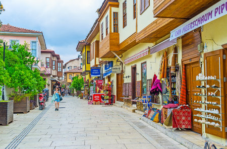 ANTALYA, TURKEY - MAY 6, 2017: Kaleici district is the perfect place to choose souvenirs or go for the shopping, here locate a lot of stores, offering different goods, on May 6 in Antalya.のeditorial素材