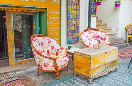 ANTALYA, TURKEY - MAY 6, 2017: The soft chairs at the entrance to the tea house in Kaleici district, on May 6 in Antalya.のeditorial素材