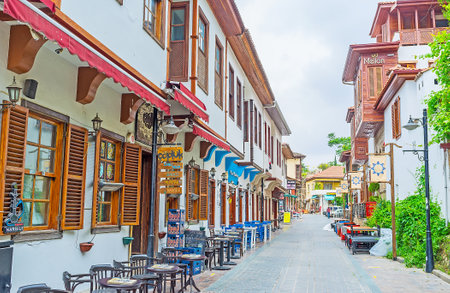 ANTALYA, TURKEY - MAY 6, 2017: The empty street in Kaleici district - people come here in the evenings, when the weather is more comfortable, on May 6 in Antalya.のeditorial素材