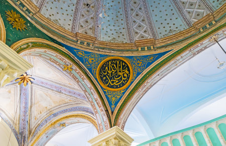 ANTALYA, TURKEY - MAY 6, 2017: The dome and arches in Aladdin Mosque in Kaleici with colorful patterns and arabic calligraphy, on May 6 in Antalya.のeditorial素材