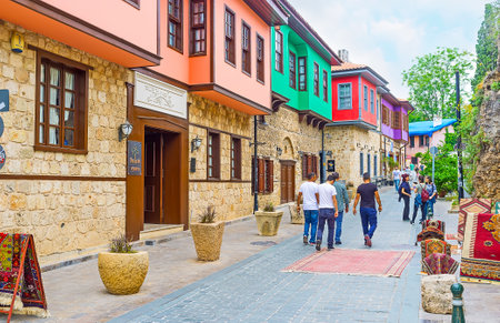 ANTALYA, TURKEY - MAY 6, 2017: The scenic quarter in Kaleici with restored colorful Ottoman houses, serving as hotels, stores and restaurants, on May 6 in Antalya.のeditorial素材