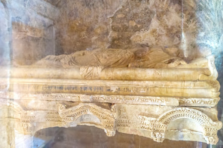 DEMRE, TURKEY - MAY 7, 2017: The ruins of sarcophagus of first burial of Saint Nicholas, on May 7, in Demre.のeditorial素材