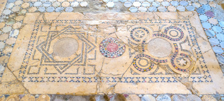 DEMRE, TURKEY - MAY 7, 2017: The medieval mosaic with geometric patterns are cover the floor of St Nicholsa Church, on May 7, in Demre.のeditorial素材