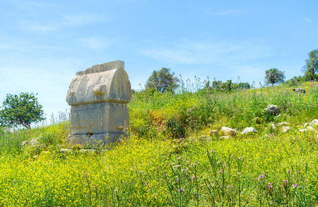 The small cylican tomb located on the hill of Patara ancient city in Turkeyの写真素材