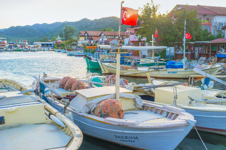 KEKOVA, TURKEY - MAY 7, 2017: The great amount of fishing boats moored at the shore, on May 7 in Kekovaのeditorial素材