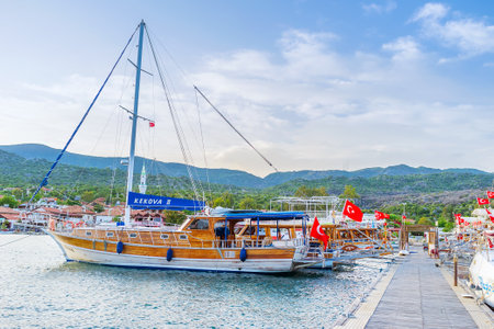 KEKOVA, TURKEY - MAY 7, 2017: The scenic port of Kekova with numerous moored pleasure boats, on May 7 in Kekova.のeditorial素材