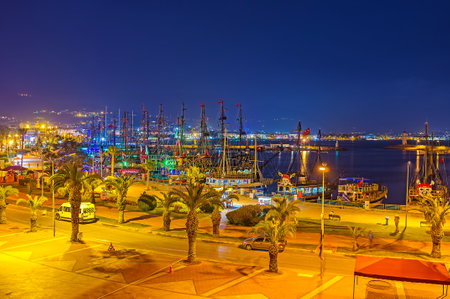 ALANYA, TURKEY - MAY 8, 2017: The old marina of Alanya is the picturesque place in the evening, the bright illumination of Rihtim Avenue makes it perfect place for the walk, on May 8 in Alanya.のeditorial素材