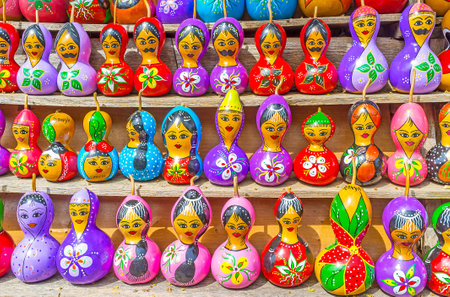ALANYA, TURKEY - MAY 9, 2017: The scenic dolls, made of dry pumpkins, covered with painted decors, on May 9 in Alanya.のeditorial素材