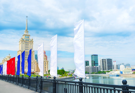 MOSCOW, RUSSIA - MAY 11, 2015: The flags of colors of Russian flag mounted on Novoarbatsky Bridge during celebration Victory Day, on May 11 in Moscowのeditorial素材