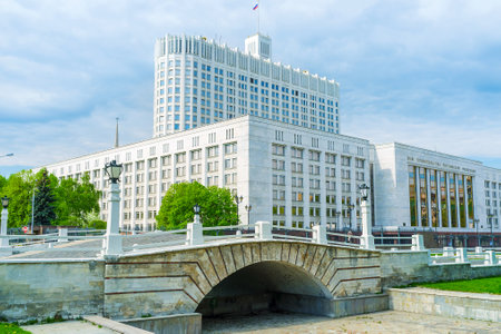 MOSCOW, RUSSIA - MAY 11, 2015: The small humpbacked bridge over non-existent riverbed Presnya, located next to the Government building, on May 11 in Moscow, Russiaのeditorial素材