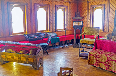 MOSCOW, RUSSIA - MAY 11, 2015: Cozy bright and warm Ladies Chamber in Palace of Romanov Boyar is a perfect place for needlework and playing with kids, on May 11 in Moscowのeditorial素材