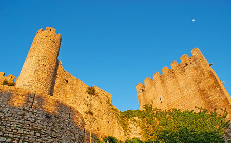 The ruins of the Obidos Castle with stone towers and battlements, Portugal.のeditorial素材