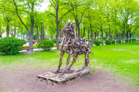 MOSCOW, RUSSIA - MAY 11, 2015: The unusual  sculpture of wooden horse located in Gorky Park during celebration Victory Day, on May 11 in Moscow, Russiaのeditorial素材